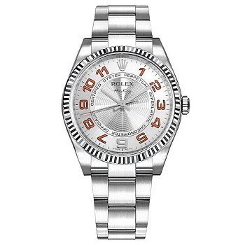 Rolex Oyster Perpetual silver dial orange Arabic numerals 114234