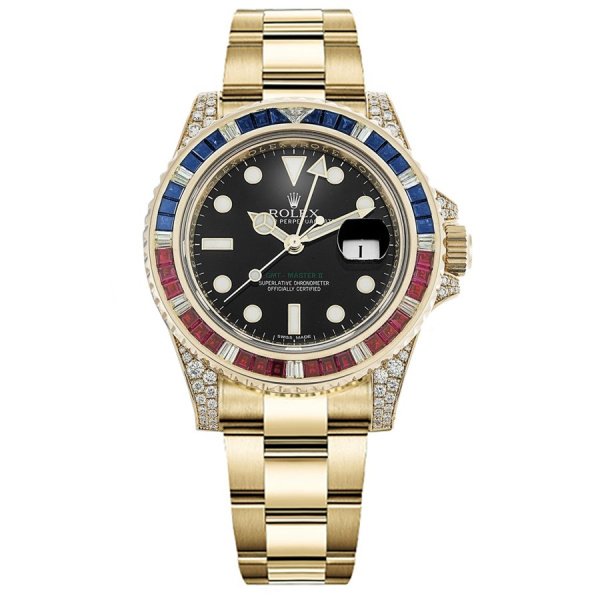 Rolex GMT-Master II Yellow Gold Diamonds Sapphires Rubies Black Dial 116758 SARU